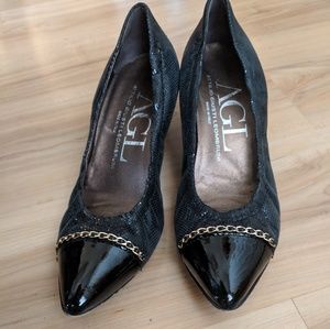 AGL pointy toe patent leather cap toe heels